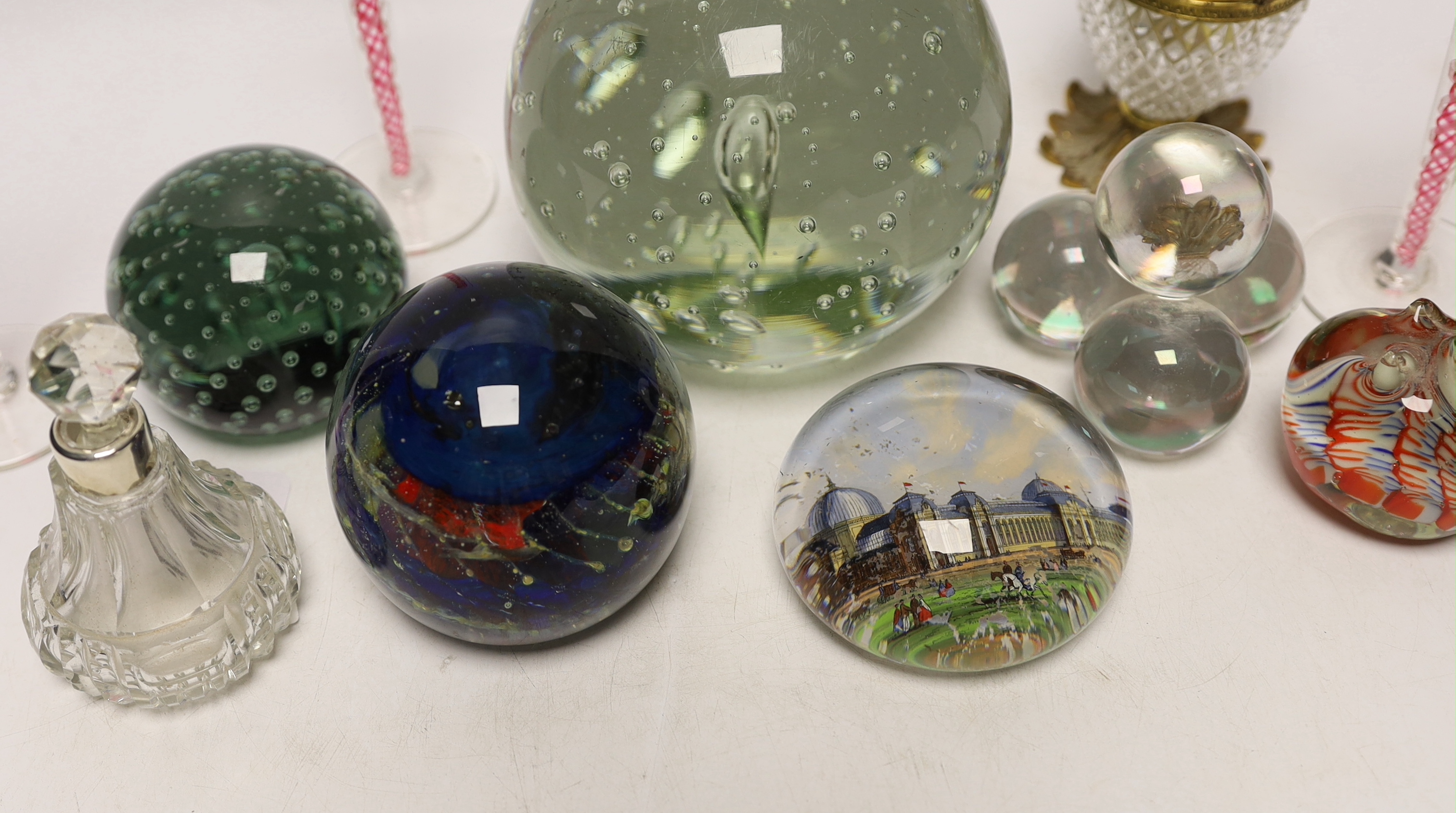 A glass dump, four paperweights, three airtwist glasses, 15cm, a scent bottle and an ink stand
